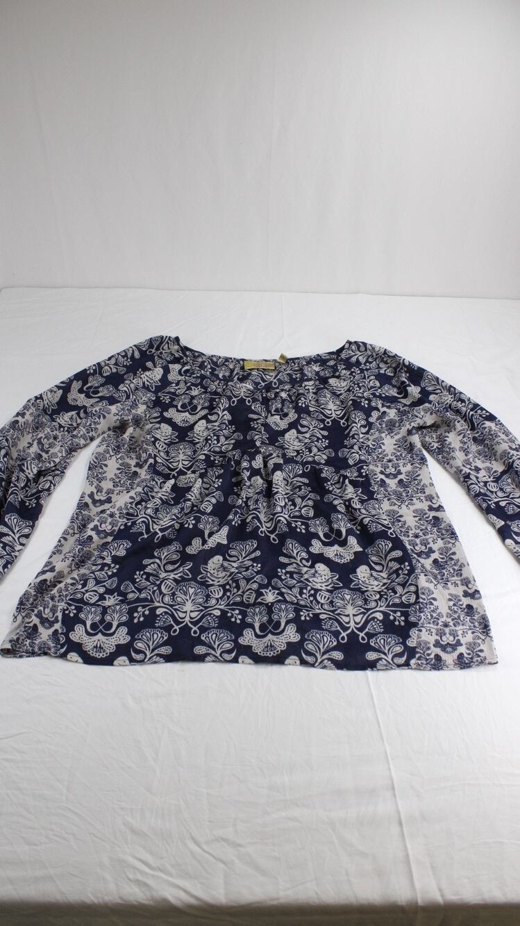 Princess Vera Wang Women L Peasant Blouse Navy White Bird Floral Print Boho Top